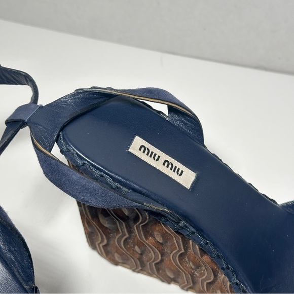 Miu Miu Suede Wooden Wedge Strappy Sandals - Picture 6 of 14